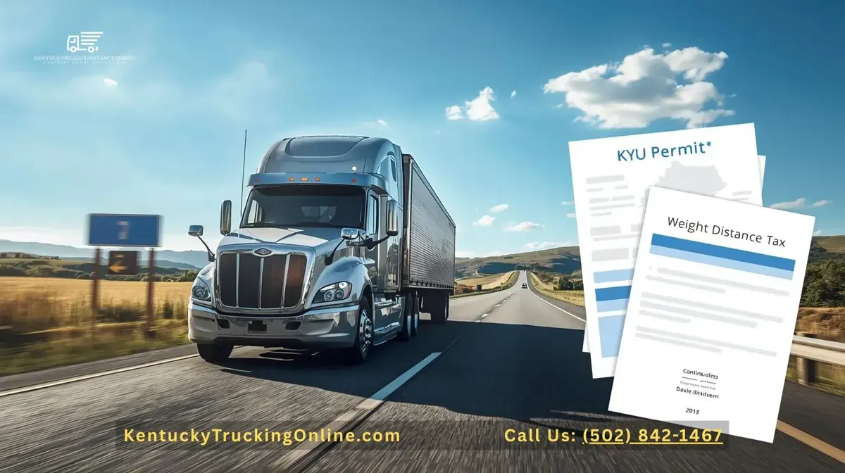 Semi-truck on Kentucky highway with KYU Permit and Kentucky Weight Distance Tax documents.