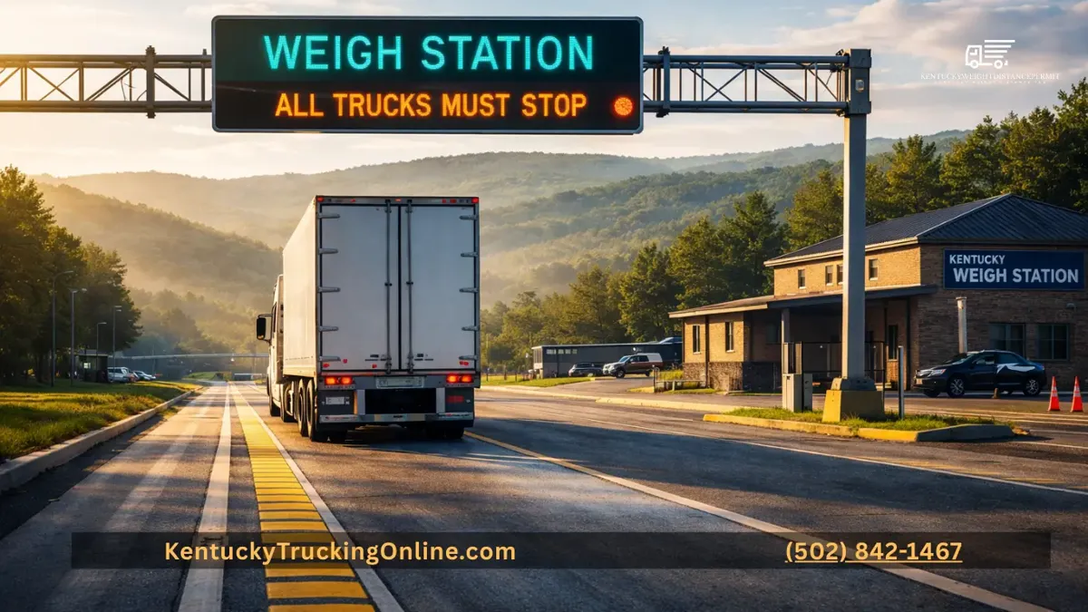 Semi-truck entering a Kentucky highway weigh station under a “Weigh Station – All Trucks Must Stop” electronic sign at sunris
