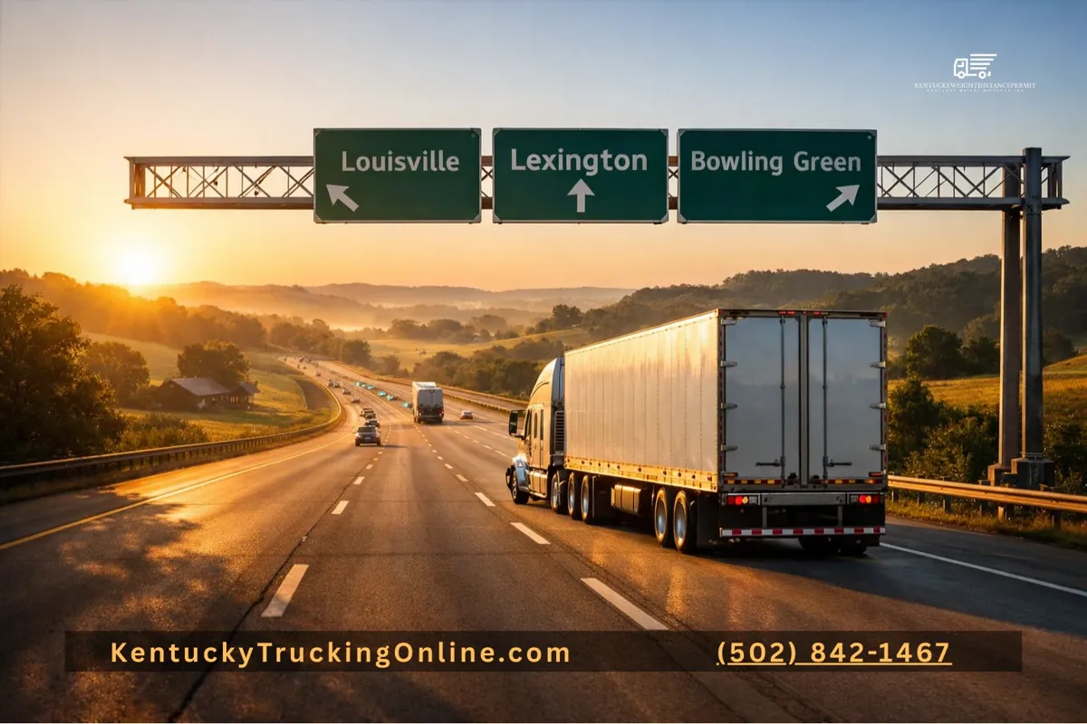 Semi-truck on Kentucky interstate at sunrise.