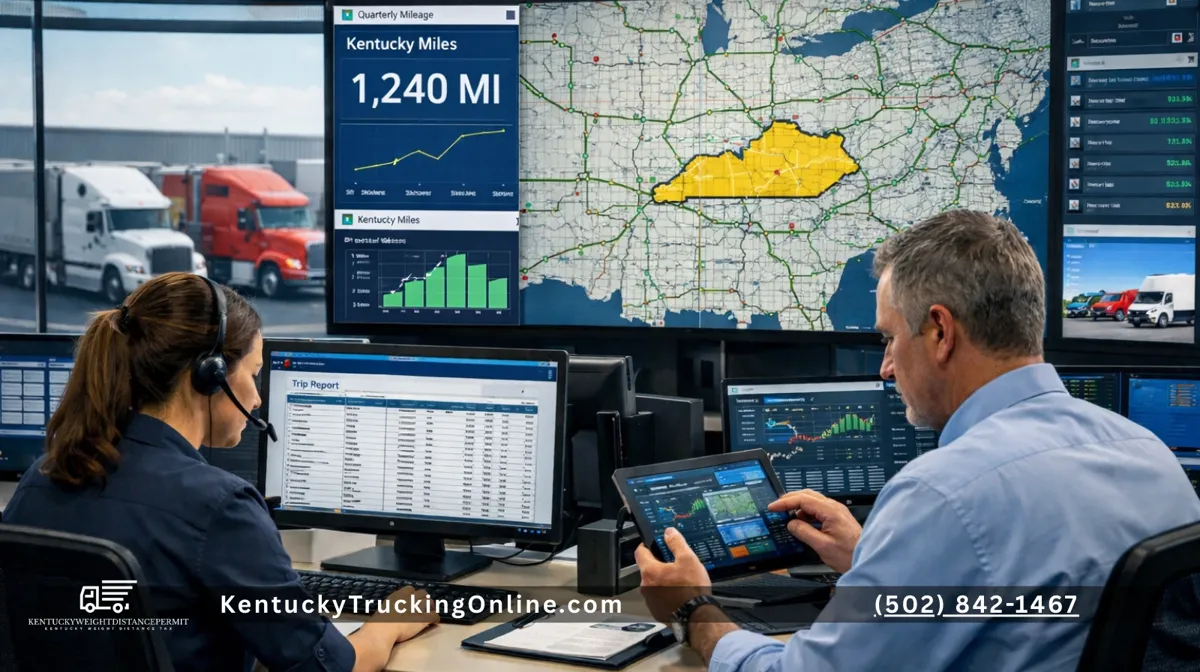 Dispatcher tracking Kentucky truck mileage on fleet dashboard.