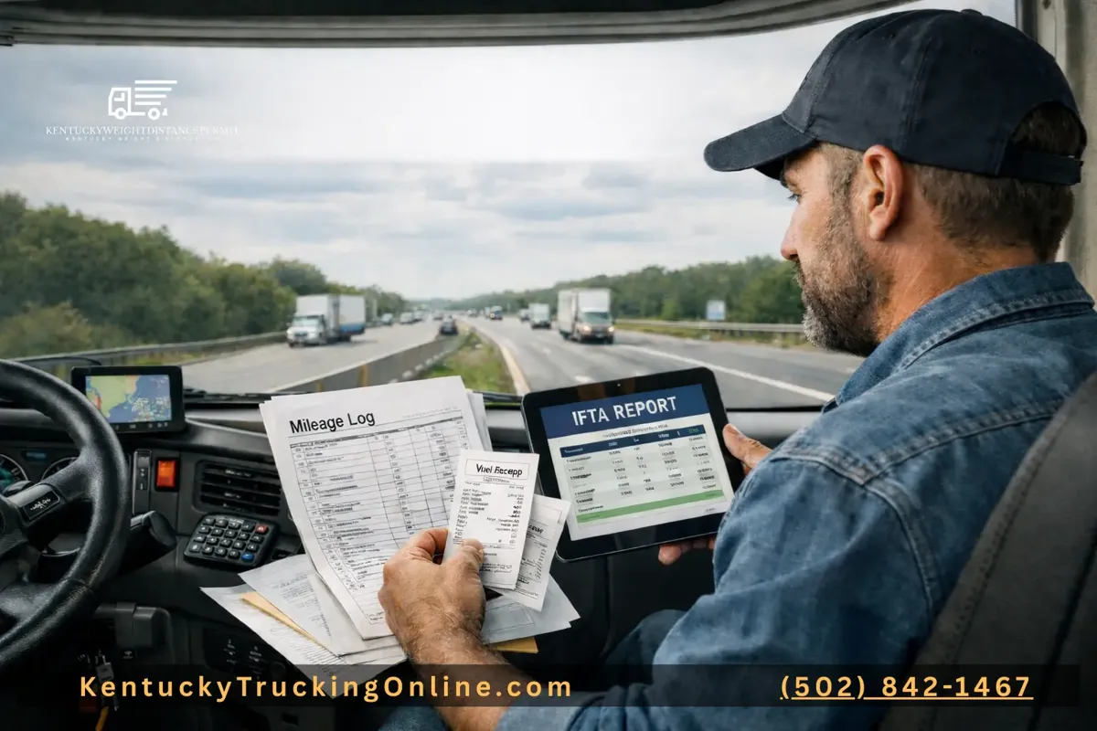 Truck driver reviewing KYU permit and IFTA in truck cabin.