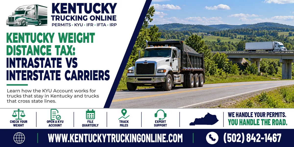 Intrastate and interstate trucks on a Kentucky highway with a KYU Account for the Kentucky Weight Distance Tax