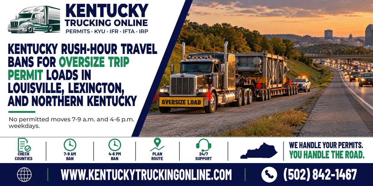 Oversize load truck waiting near a busy Kentucky interstate at rush hour